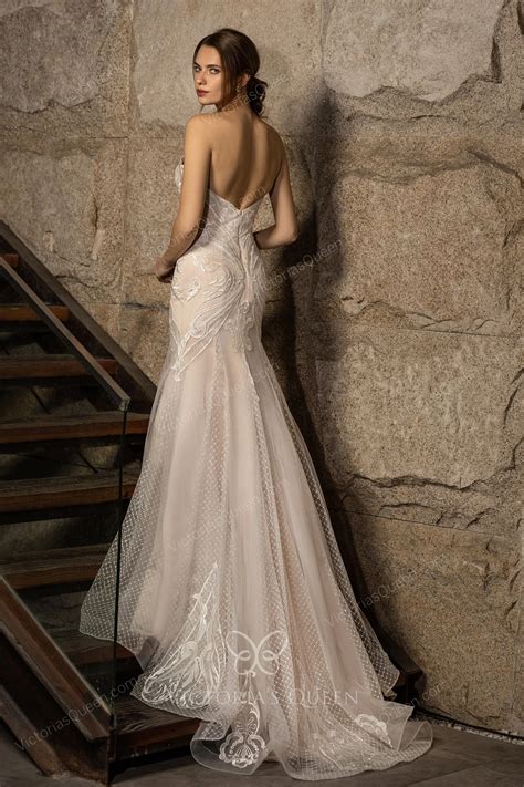 Amazing Nude Pink Geometric Lace Mermaid Winter Wedding Gown - VQ