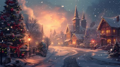 645a | Christmas, Tree, Village, Snow, Winter, 4K Wallpaper 4K PC
