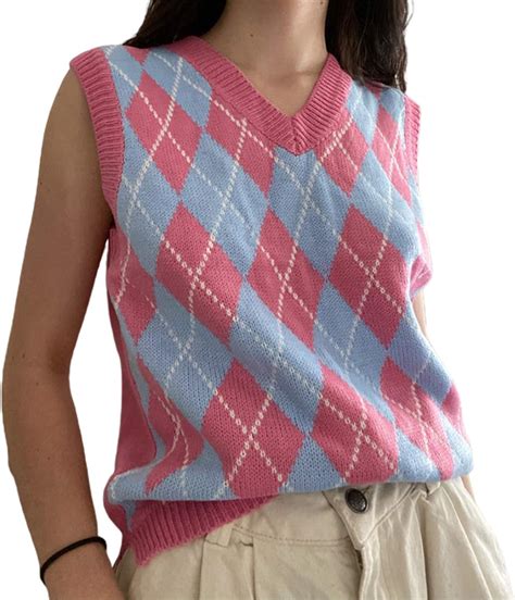 Women Argyle Plaid Knitted Sweater Vest Sleeveless V Neck Preppy Style ...