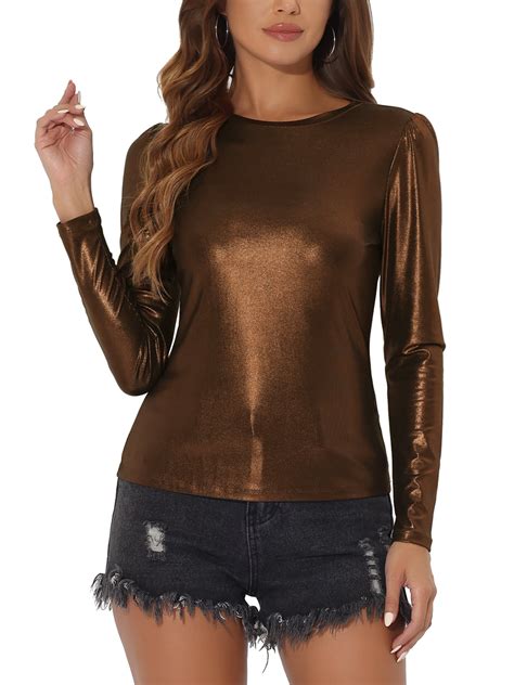 Allegra K Women's Long Sleeve Tops Sparkly Glitter Shiny Metallic Tops XL Brown Gold - Walmart.com