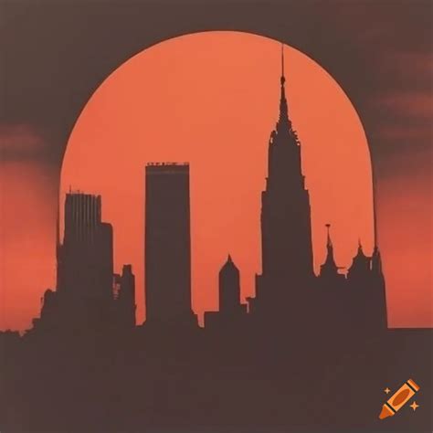 1920s art deco poster with silhouettes of New York buildings and a red sun on Craiyon - silhouette of new york
