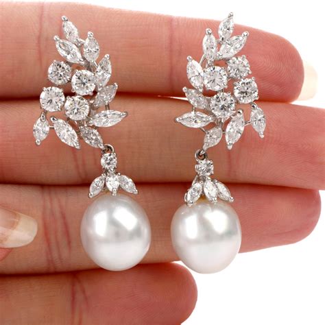 1990s Cluster Diamond Pearl Dangle Platinum Drop Earrings at 1stDibs ...