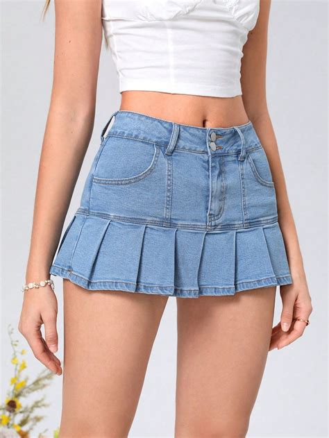 SHEIN MOD Women'S Denim Skirt With Pleated HemI discovered amazing ...