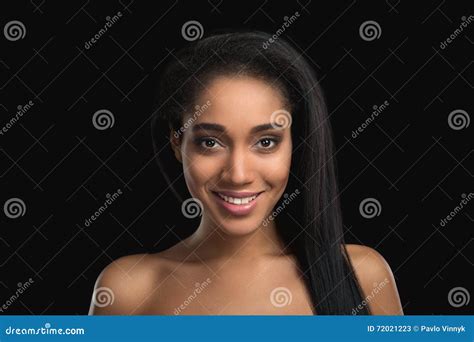 Portrait of Smiling Handsome Nude Mulatto Woman on Dark Background. Attractive, Satisfied ...