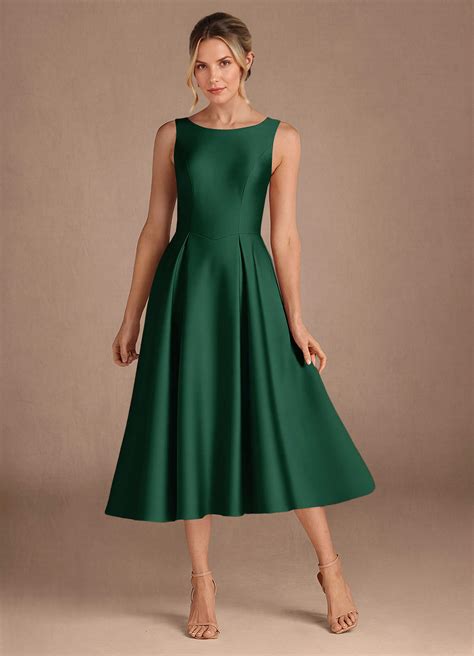 Azazie Fulton Dark Green A-Line Pleated Stretch Satin Dress | Azazie