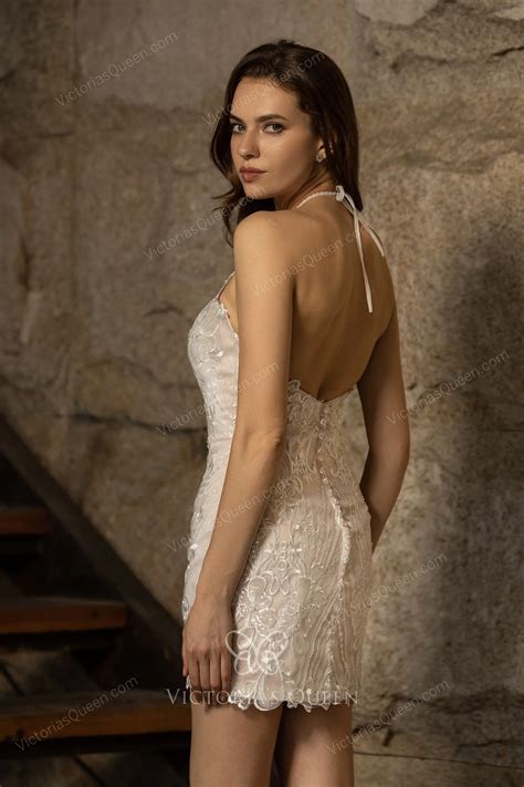 Beaded Lace Halter Bridal Dress with Detachable Overskirt - VQ