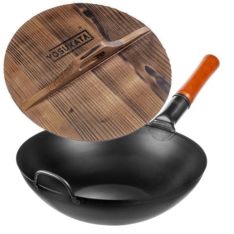 Black Carbon Steel Wok 13,5-inch (34cm)+Wooden Wok Lid | Yosukata