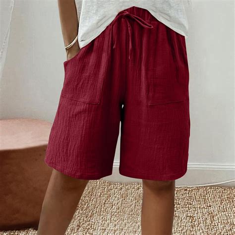 Sakmal Red Women Shorts Drawstring Bermuda Elastic 9" Solid High ...