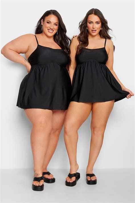 Plus Size Black Mesh Panel Tummy Control Swim Dress | Yours Clothing