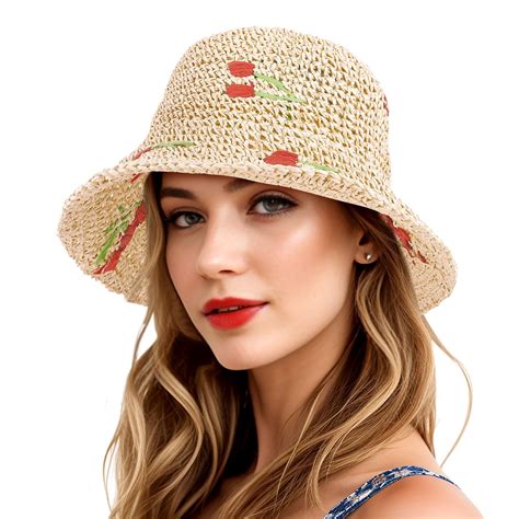 Wowstyle Cherry Straw Sun Hat for Women Packable Wide Brim Straw Hat ...