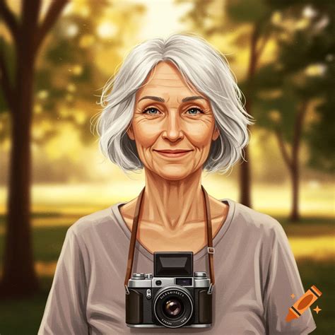 A smiling older woman with silver hair and a vintage camera around her ...