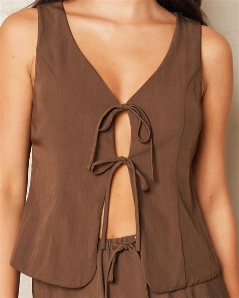 Shop Ava And Ever Emmi Cupro Tie Front Vest In Espresso - Fast Shipping ...