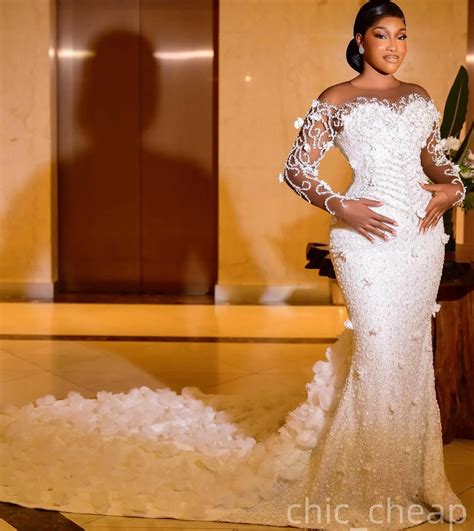 ZJ688 Arabic Aso Ebi Plus Size Ivory Wedding Dress Beaded Lace Flowers, Sequined Full Sleeves ...