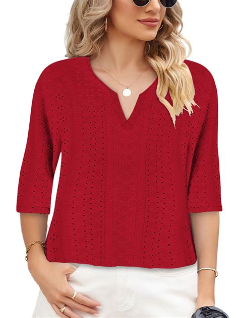 Lemento Women's Tops Casual 3/4 Sleeve Shirts Jacquard V Neck Pullover ...