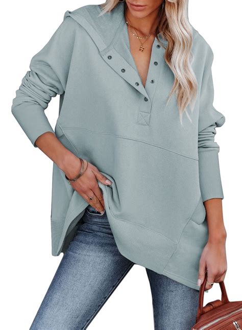 Sidefeel Women's V Neck Hoodie, Oversized Pullover, Henley Hooded Tops ...