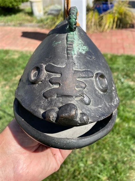 Japanese Huge Antique Cast Bronze Fish Bell Gong with Hardwood Striker ...