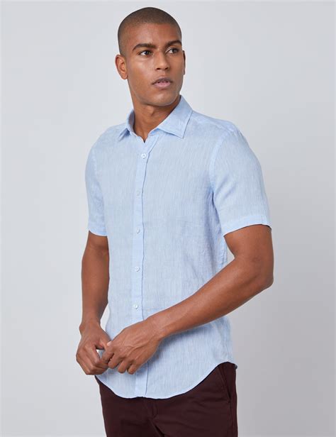 Men’s Light Blue Short Sleeve Linen Shirt | Hawes & Curtis
