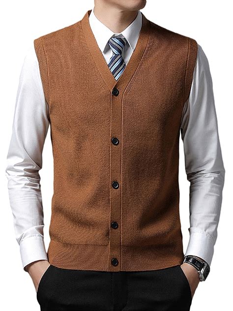 Hanerdun Mens Sleeveless Cardigan Male Button-Down Sweater Vests Brown ...