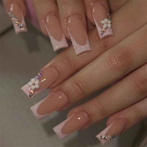 Amazon.com: Foccna Long Press on Nails Pink Square French Fake Nails ...