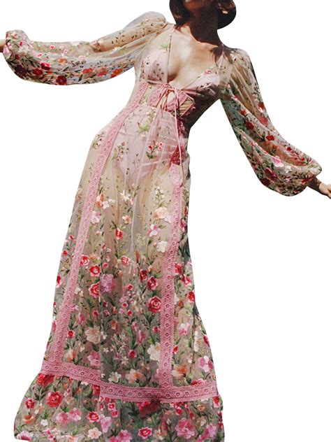 Taoocy Women Backless Floral Mesh Sheer Cover Up Dress See Through Lace ...