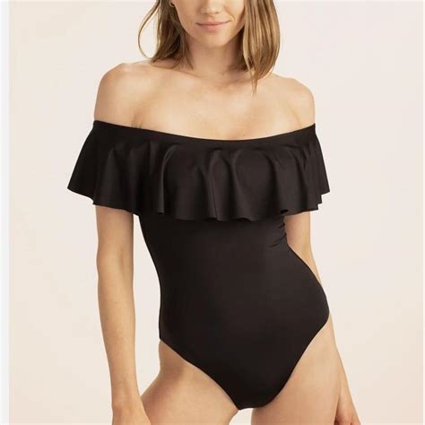 Trina Turk black one piece off the shoulder swimsuit... - Depop