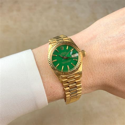 Rolex 18 Karat Gold Ladies Oyster Perpetual Datejust with Green Stella ...