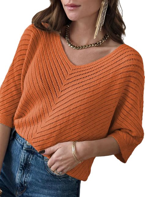 Dokotoo Womens Plus Size 3/4 Sleeve V Neck Loose Pullover Knit Sweaters ...