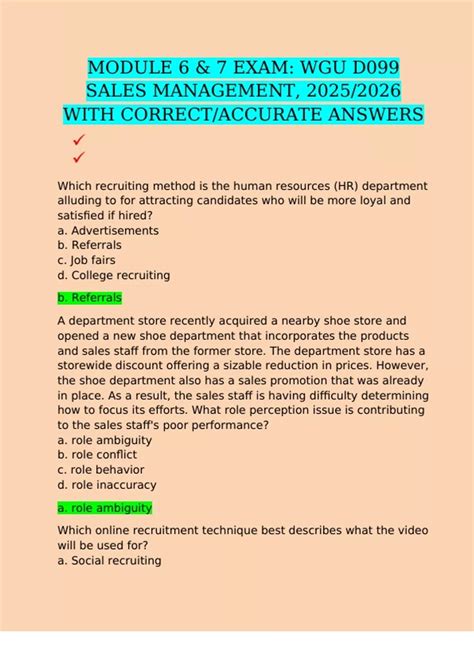 MODULE 6 & 7 EXAM: WGU D099 SALES MANAGEMENT, 2025/2026 WITH CORRECT ...