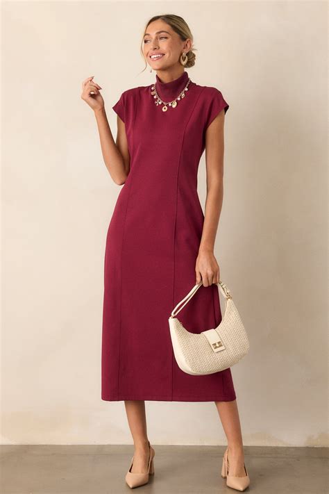 Burgundy Mock Neck Midi Dress - Midi Dresses | Red Dress