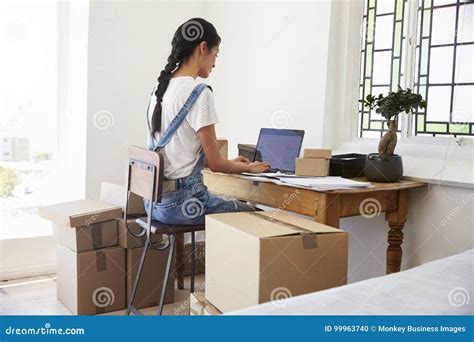 Rear View of Woman Running Business from Home Dispatching Goods Stock Photo - Image of indoors ...