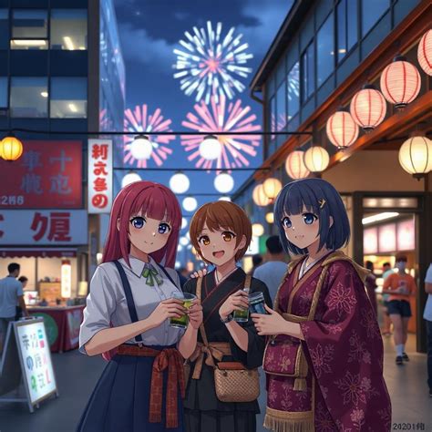 anime characters, having fun at the summer festival, Japan aesthetic ...