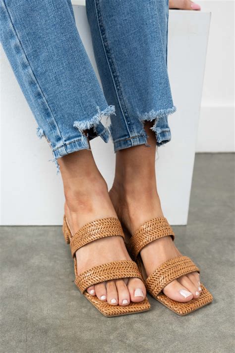 Cognac Raffia Woven Low Heel Sandals | Lime Lush Boutique