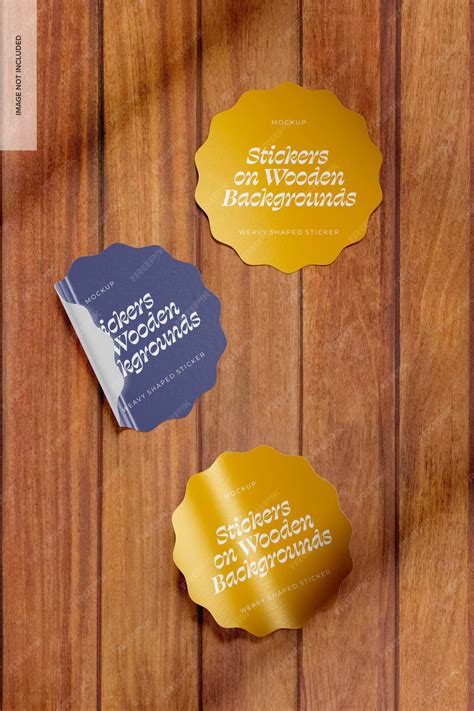 Premium PSD | Weavy shaped stickers on wooden mockup, top view