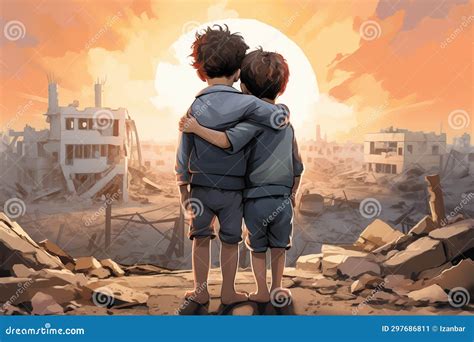 Kids Hugging, City Destruction on Background. Peace after Conflict ...