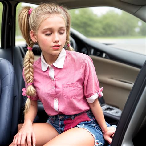 blonde pigtails pink cheeks red lips daisydukes knotted white shirt is ...
