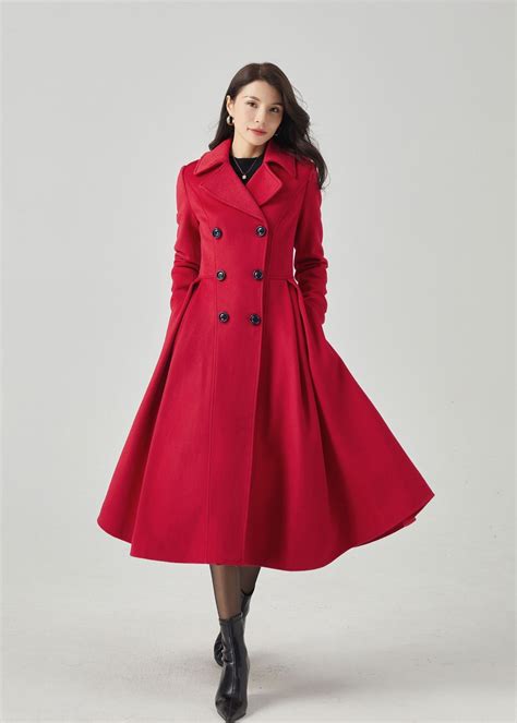 Red Wool Coat, Wool Princess Coat, Double Breasted Wool Coat, Swing ...