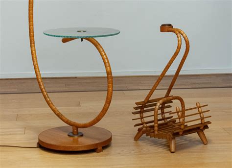 1940 Swedish Art Nouveau Floor Lamp In Elm With Art Glass Table By IWO ...