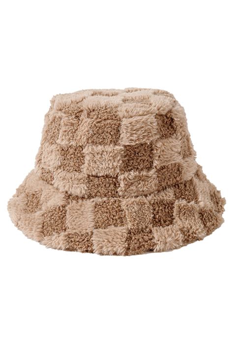 Check Fuzzy Bucket Hat in Khaki - Retro, Indie and Unique Fashion