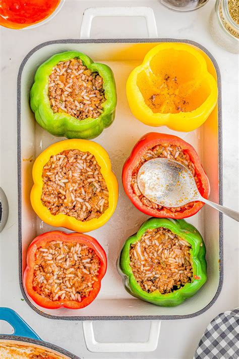 Easy Stuffed Bell Peppers with Rice & Ground Beef - Averie Cooks