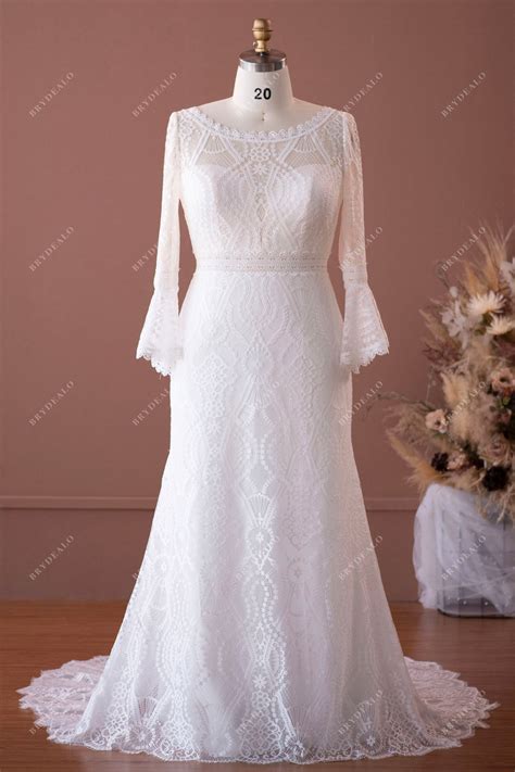 Plus Size Bell Sleeves Illusion Scalloped Wedding Dress – BrydealoFactory