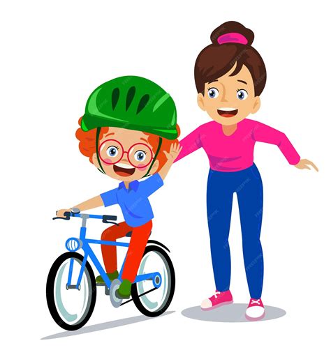 Mamá enseñando a su lindo hijo a andar en bicicleta | Vector Premium