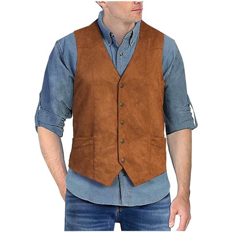 Wancir Men's Suede Leather Suit Vest V Neck Cowboy Vest Vintage 5 Snaps ...