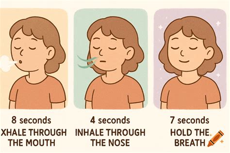 Cartoon illustration of 4-7-8 breathing method with a person exhaling, inhaling, and holding ...