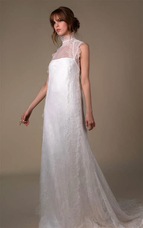 Lace and Charmeue Sheath Wedding Dress with High Neck