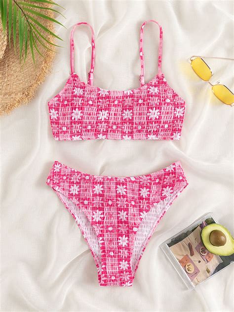 Pink Cute Collar Floral Embellished High Stretch Women Beachwear Preppy Swimwear, Preppy ...