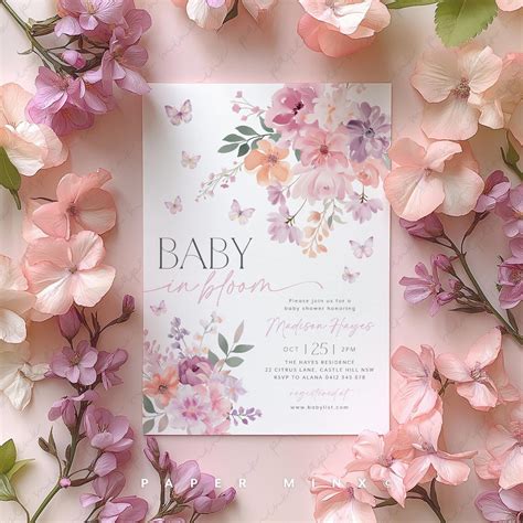 Baby in Bloom Invitation, Butterfly Baby Shower Invitation Girl, Pink ...