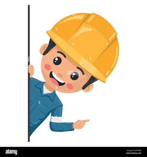 Industrial mechanical worker peeking out from behind a wall pointing ...