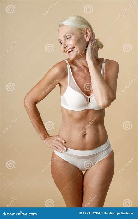 Charming Mature Woman in Underwear with Fit Perfect Body Smiling and ...