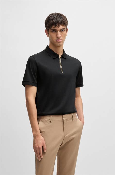 BOSS - Mercerised-cotton slim-fit polo shirt with zip placket - Black