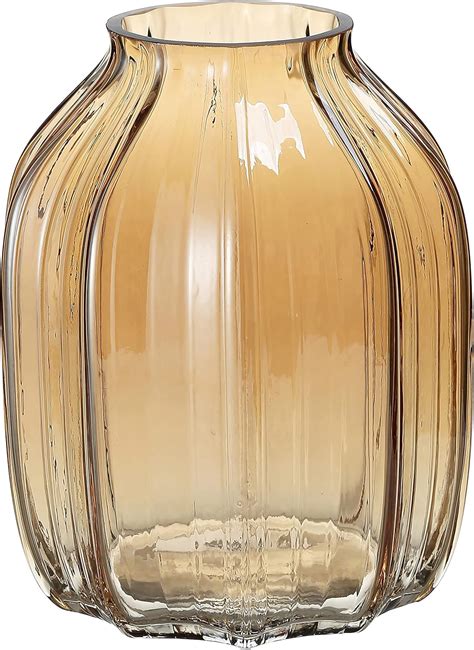 Large Amber Glass Vase for Flowers Ribbed Tall Gold Floor Vase 21cm ...